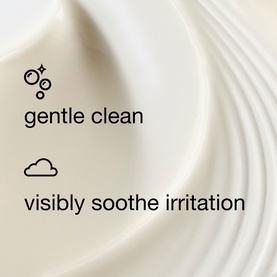 Clinique cleanser texture close-up with icons highlighting gentle clean and visibly soothe irritation benefits