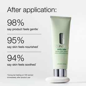 Clinique Daily Calm Gentle Cream Cleanser with after-application claim statistics: 98% gentle, 95% nourishing, 94% soothing.