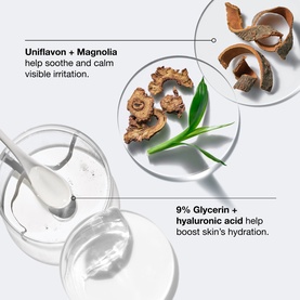 Clinique cleanser ingredient flatlay showing uniflavon, magnolia botanicals, glycerin and hyaluronic acid on white background