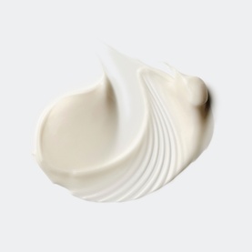 Clinique cleanser texture swatch showing a creamy white swirl with ribbed detail, demonstrating the product's rich consistency