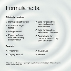Clinique cleanser formula facts panel showing clinical expertise credentials and free-from claims including fragrance, drying alcohol, SLS/SLES and