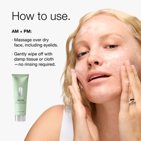 Clinique cleanser how-to guide showing model applying product to face with usage instructions for AM and PM routines