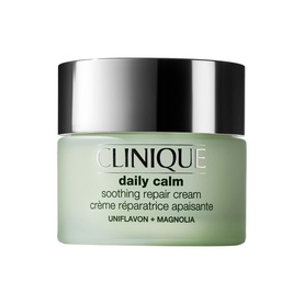 Clinique Daily Calm Soothing Repair Cream in a sage green glass jar with silver lid