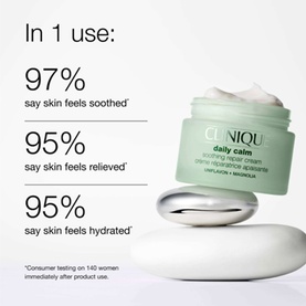 Clinique Daily Calm Soothing Repair Cream jar with lid off, alongside skincare efficacy statistics on white background.