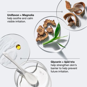Clinique moisturiser key ingredients: Uniflavon, Magnolia, Glycerin and lipid trio shown in petri dishes with botanical extracts.