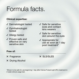 Clinique moisturiser formula facts panel highlighting dermatologist tested, fragrance-free, and safe for sensitive skin credentials.