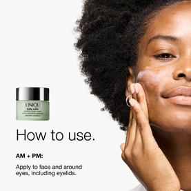 Model applying Clinique Daily Calm moisturiser to cheek, with how-to-use instructions and product jar shown alongside.