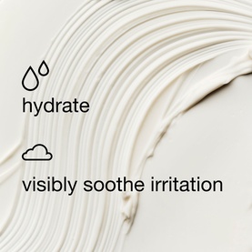Clinique moisturiser cream texture swatch with hydrate and visibly soothe irritation benefit icons on cream background