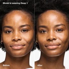 Model wearing Clinique Daily Calm&trade; Makeup Balm in Deep 1, before and after comparison showing skin coverage and finish.