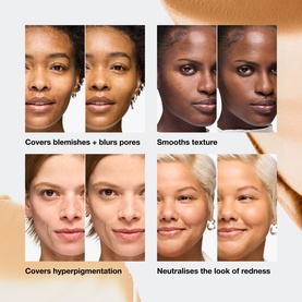 Clinique Daily Calm Makeup Balm foundation shown on four models with varied skin tones, demonstrating coverage of blemishes, texture,