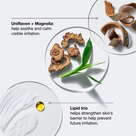 Clinique Daily Calm Makeup Balm ingredient highlights: Uniflavon and Magnolia botanicals, lipid trio droplet, and white cream texture on grey