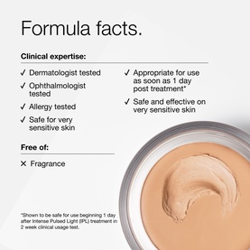 Clinique Daily Calm&trade; Makeup Balm in Light shade, open jar showing creamy foundation texture, with formula facts and key claims panel.