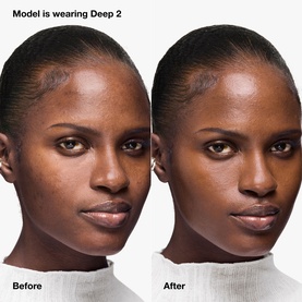 Before and after close-up of model wearing Clinique Daily Calm&trade; Makeup Balm in Deep 2, showing reduced redness and smoother, more even complexion