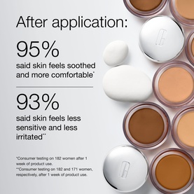 Clinique Daily Calm&trade; Makeup Balm in Deep 2 shown with after-application stats: 95% soothed skin, 93% less sensitive.