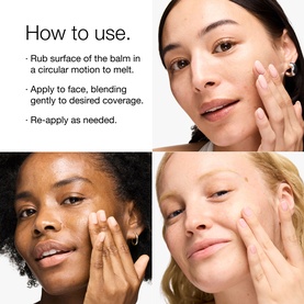Three models applying Clinique Daily Calm Makeup Balm to skin, with how-to-use instructions shown alongside each step