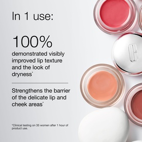 Clinique Daily Calm&trade; Lip and Cheek Color in Tender Heart, open pot showing peachy-pink shade with clinical benefit claims overlaid.