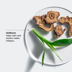 Clinique Daily Calm Lip and Cheek Color ingredient shot showing Uniflavon extract &mdash; dried botanicals and green leaf on white plate.