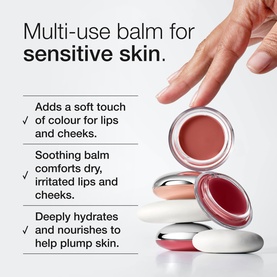 Clinique Daily Calm&trade; Lip and Cheek Color in Tender Heart; open compact with rosy balm, stacked with closed compacts, benefits text overlay.