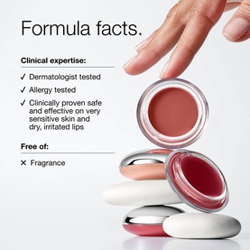 Clinique Daily Calm&trade; Lip and Cheek Color in Tender Heart, open pot showing rosy shade, with formula facts and clinical claims text.