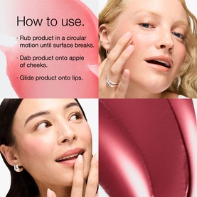 Clinique Daily Calm Lip and Cheek Color in Tender Heart, how-to-use guide showing two models applying product to cheeks and lips.