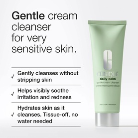 Clinique Daily Calm Gentle Cream Cleanser tube in sage green with product benefit claims for very sensitive skin.