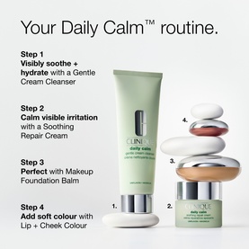 Clinique Daily Calm routine infographic showing four-step skincare set: cleanser, repair cream, foundation balm, and lip cheek colour with stacked