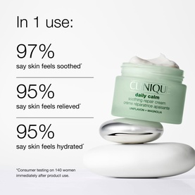 Clinique Daily Calm Soothing Repair Cream in green jar displayed with skin benefits: 97% soothed, 95% relieved, 95% hydrated.