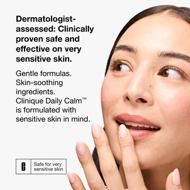Clinique Daily Calm skincare campaign image showing model touching lips, with dermatologist-assessed claims for very sensitive skin