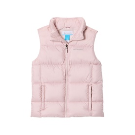 Columbia Mineral Pink children's puffer gilet with zip front, high collar, and side pockets