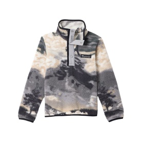 Columbia children's jacket in Shark Dreaming print, grey and cream cloud-effect fleece with snap-button placket and chest pocket