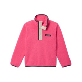 Columbia children's fleece jacket in pink and dark stone, half-zip neckline with contrast trim and logo badge