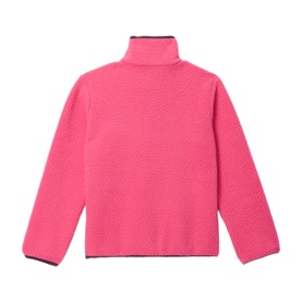 Columbia children's jacket in pink with dark navy contrast collar, textured fleece fabric, long sleeves, flat lay view.