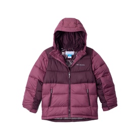 Columbia Antique Mauve Moonvista children's puffer jacket with hood, zip front, and contrast colour-block panels