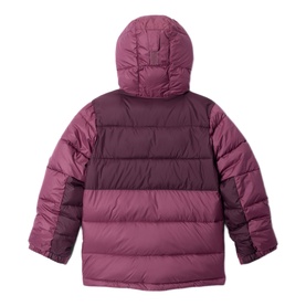 Columbia children's jacket in Antique Mauve Moonvista, quilted puffer style with colour-block panels and attached hood, rear view.