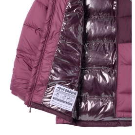 Columbia children's jacket in Antique Mauve Moonvista, showing quilted exterior and shiny mauve lining with care label detail.