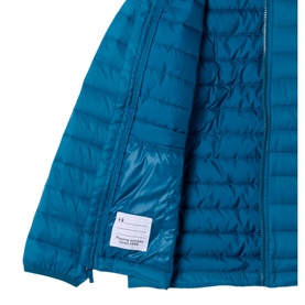 Columbia children's jacket in Phoenix Blue, quilted puffer style with zip fastening, interior label visible