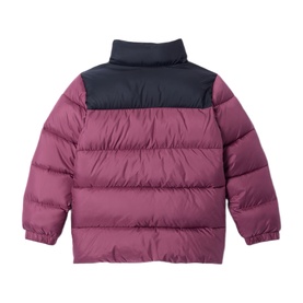 Columbia children's puffer jacket in Antique Mauve and Black, shown from the back with quilted panels and high collar.