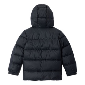 Columbia children's black hooded puffer jacket, rear view showing quilted panels and adjustable hood