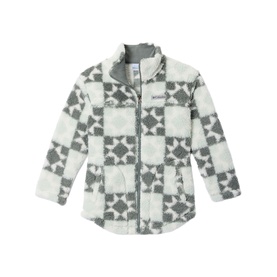 Columbia children's jacket in Tea Light, grey and white checkerboard fleece, zip-front with chest pockets