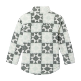 Columbia children's jacket in Tea Light, sherpa fleece with grey and cream geometric checkerboard print, rear view