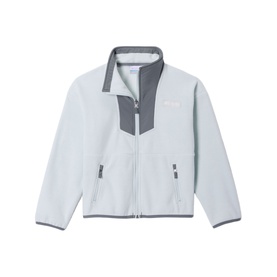 Columbia children's jacket in Tea Light and Sedona Sage, zip-through fleece with contrast panel detail and side pockets
