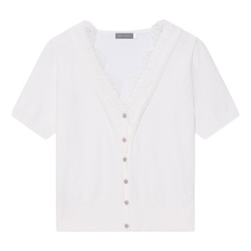 White short-sleeve V-neck top with lace trim neckline and button-front fastening