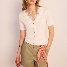 Model wearing white short-sleeve V-neck knit cardigan with lace trim and button fastening, styled with khaki trousers and printed scarf