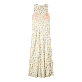 Sandro Womens French Dress in olive and ecru floral print, sleeveless maxi length with pink bow chest detail