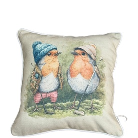 Fever + Hue Weave Golf Buddies Cushion, cream with illustrated robins in winter hats holding golf clubs, piped edge