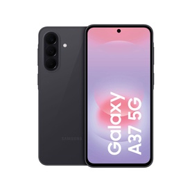 Samsung Galaxy A37 5G 128GB smartphone in grey, front and back view showing triple rear camera and punch-hole display