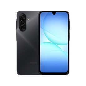 Samsung Galaxy A17 Black 128GB smartphone, front and back view showing triple rear camera and teardrop notch display