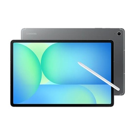 Samsung Galaxy Tab S10FE+ WiFi 128GB in grey, shown front and back with S Pen stylus, large display with teal screen