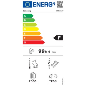 Samsung Galaxy Tab S10FE+ WiFi 128GB Grey EU energy rating label showing F rating, 99h 6min battery, 2000 charge cycles, IP68 rating.