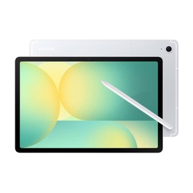Samsung Galaxy Tab S10FE WiFi 128GB in Silver, front and rear view with S Pen stylus, light green display background